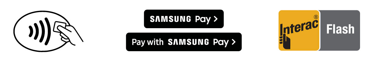 contactless logo, Samsung Pay button, Pay with Samsung Pay button, and Interac Flash logo.